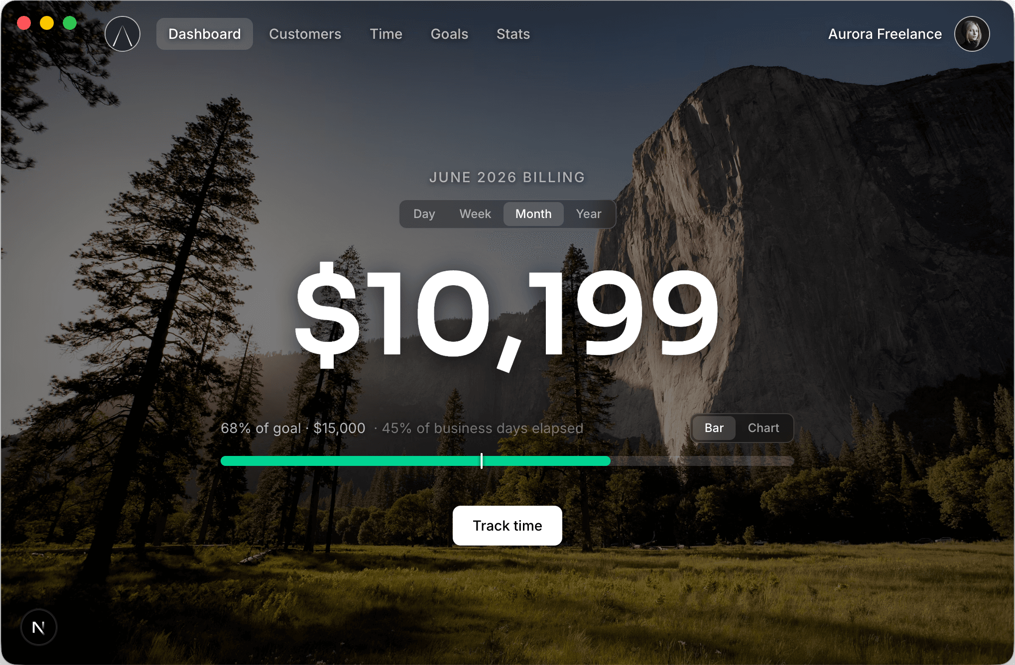 The focustrack dashboard showing this month's billing and goal progress